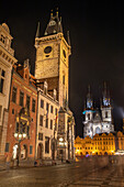  Old Town Square at night, Old Town Hall, Tyn Church, Prague Old Town, Prague, Czech Republic, Europe 