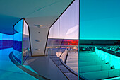 the installation "Your rainbow panorama", a circular skywalk with windows in the colors of the rainbow (by Olafur Eliasson, a Danish-Icelandic artist) on the top of ARoS Aarhus Kunstmuseum (designed by Danish architects Schmidt Hammer Lassen), Aarhus, Jutland Peninsula, Denmark, Northern Europe