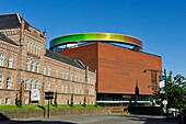 ARoS Aarhus Kunstmuseum (designed by Danish architects Schmidt Hammer Lassen) topped with the installation "Your rainbow panorama" a circular skywalk with windows in the colors of the rainbow (by Olafur Eliasson, a Danish-Icelandic artist), Aarhus, Jutland Peninsula, Denmark, Northern Europe