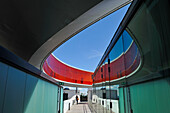 the installation "Your rainbow panorama", a circular skywalk with windows in the colors of the rainbow (by Olafur Eliasson, a Danish-Icelandic artist) on the top of ARoS Aarhus Kunstmuseum (designed by Danish architects Schmidt Hammer Lassen), Aarhus, Jutland Peninsula, Denmark, Northern Europe