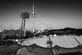  View of the Olympic Tower and the stadium from the roof of the Olympic Stadium, Munich, Upper Bavaria, Bavaria, Germany, Europe\n 