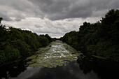 Flussufer mit spärlichen Grasflächen, seichtes Wasser, vor einem dramatischen Himmel, England, Europa