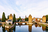  View of Ponts Couverts and Strasbourg Cathedral (Münster zu Strasbourg, Liebfrauenmünster, La Cathedrale Notre-Dame) from Barrage Vauban in Strasbourg in the Bas-Rhin department in the Grand Est region in Alsace in France 