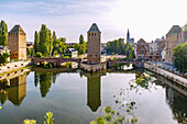  View of Ponts Couverts and la Petite France on the l&#39;Ill from Barrage Vauban in Strasbourg in the Bas-Rhin department in the Grand Est region of Alsace in France 