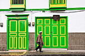 colored facades at Filandia, village of department of Quindio, Cordillera Central of the Andes mountain range,  Colombia, South America