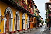 typical architecture in downtown colonial walled city, Cartagena, Colombia, South America