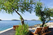 Liegestühle am Strand unter Tamarisken, in der Nähe der Stadt Hvar, Insel Hvar, Kroatien, Dalmatien, Kroatien, Südosteuropa