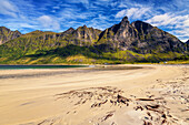  Summer, beach, sandy beach, mountains, bay, fjord, Ersfjord, Senja, Skaland, Norway, Europe 