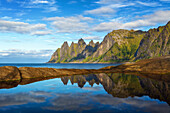  Summer, beach, dragon&#39;s teeth, mountains, bay, fjord, Ersfjord, Senja, Skaland, Norway, Europe 