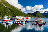  summer, island, harbor, jetty, boats, mountains, coast, Husoy, fjord, Senja, Skaland, Norway, Europe 