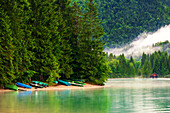  boats, shore, rain, fog, Walchensee, mountains, Alps, Bavaria, Germany, Europe 