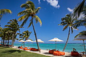 Kokospalmen und Sonnenschirme am Strand des Dinarobin Beachcomber Golf Resort & Spa, Le Morne, Rivière Noire, Insel Mauritius, Indischer Ozean