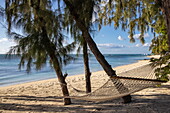 Hängematte zwischen Bäumen am Strand im Paradis Beachcomber Golf Resort & Spa, Le Morne, Rivière Noire, Insel Mauritius, Indischer Ozean