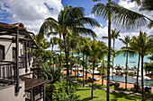  Coconut trees seen from the room at Royal Palms Beachcomber Luxury (Beachcomber Resorts), Grand Baie, Rivière du Rempart, Mauritius, Indian Ocean 