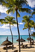 Liegestühle und Strohschirme am Strand mit Kokospalmen im Royal Palms Beachcomber Resorts, Grand Baie, Rivière du Rempart, Insel Mauritius, Indischer Ozean