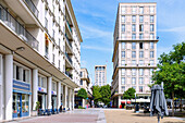  Rue de Paris with a view of the tower of the town hall l&#39;Hôtel de Ville and houses by Auguste Perret in Le Havre on the Alabaster Coast (Côte d&#39;Albatre, Cote d&#39;Albatre) in the Seine-Maritime department in the Normandy region of France 