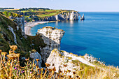 Etretat und Kreidefelsen mit Felsentor La Porte d'Aval und Felsnadel l'Aiguille bei Flut in Etretat (Étretat) an der Alabasterküste (Côte d'Albâtre, Cote d'Albatre) im Département Seine-Maritime in der Region Normandie in Frankreich