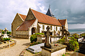  Artists&#39; cemetery Cimitière Marin with church Eglise Saint Valery (Église Saint-Valéry) in Varengeville-sur-Mer against a dramatic stormy sky with a view of the Alabaster Coast (Côte d&#39;Albâtre, Cote d&#39;Albatre) in the Seine-Maritime department in the Normandy region of France 