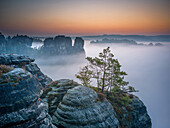  View from Ferdinandstein at sunrise, Bastei, Saxon Switzerland, Elbe Sandstone Mountains, Saxony, Germany, Europe 