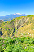 View of mount Etna from Castelmola village, Castelmola, Taormina, Sicily, Italy