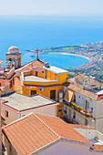 View of Castelmola village and the Ionian coast, Castelmola, Taormina, Sicily, Italy