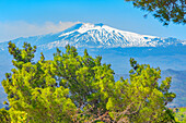 View of mount Etna from Castelmola village, Castelmola, Taormina, Sicily, Italy