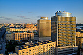 Aerial view of the Golden Ring Hotel towers at the Garden Ring and surrounding buildings. Moscow, Russia.