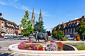 Marktplatz mit Denkmal für die milchgebenden Kühe und neugotische Kirche Notre-Dame in Vimoutiers im Pays d'Auge im Département Calvados in der Region Normandie in Frankreich