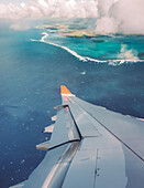 Blick nach dem Start aus dem Flugzeug auf Plaine Magnien, Grand Port, Südküste, Insel Mauritius, Indischer Ozean, Ost-Afrika