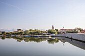  Nin, skyline of a small Mediterranean town, massive city walls in a lagoon, Zadar, Dalmatia, Croatia, Adriatic Sea 