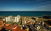  View from the old town of Torremolinos to the holiday homes on El Bajondillo beach and the sea, Costa del Sol, Spain 