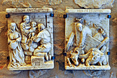 low relief depicting a legend at Llegendes Hotel, Portal de la Barca Street, Girona, Catalonia, Spain,Europe