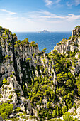  View between rocks to Ile Riou in the Calanques National Park between Cassis and Marseille, Provence, France, Europe 