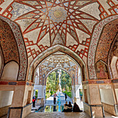 Elaborately painted ceiling of the Qajar Pavilion in the Fin Garden (Bagh-e Fin), the oldest (1590) existing Persian Garden in Iran. Kashan, Iran.