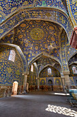 Interior view of the winter prayer hall, built in hypostyle form, in the Shah Mosque (Masjed-e Shah). Isfahan, Iran.