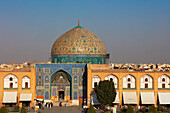 Elevated view of the Lotfollah Mosque from the upper terrace of the Ali Qapu Palace. Isfahan, Iran.