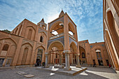 Exterior view of bell tower and facade of the 17th century Holy Savior Cathedral (Vank Cathedral) in the New Julfa, Armenian quarter of Isfahan, Iran.