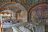 The marble tombstone of Nasser ed Din Shah at the Karim Khani Nook, a structure in the Golestan Palace dating back to 1759. Tehran, Iran.