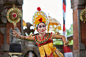 Dancer performs traditional Balinese Barong dance. Batubulan village, Ubud area, Bali, Indonesia.