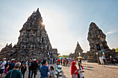 Tourists visit the Prambanan Hindu Temple Compound. Special Region of Yogyakarta, Java, Indonesia.