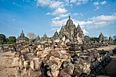 Remains of ruined ancient temples at the Sewu Buddhist Temple Compound. Special Region of Yogyakarta, Java, Indonesia.