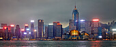 Iconic view of the Hong Kong skyline illuminated at dusk. Hong Kong, China.