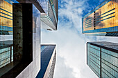  Ein Blick von unten auf die Wolkenkratzer an der Gloucester Road. Wan Chai, Hongkong, China. 