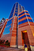 Exterior view of the Bank of China tower illuminated at dusk. Macau, China.