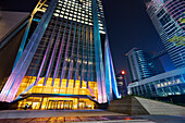 Base part of Ping An International Finance Centre, a 599 meters high skyscraper in Futian CBD, illuminated at night. Shenzhen, Guangdong, China.