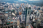 Aerial city view from the top of KK100 (Kingkey 100) skyscraper. Luohu District, Shenzhen, Guangdong Province, China.