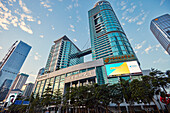 Exterior view of the skyscrapers in Futian Central Business District. Shenzhen, Guangdong Province, China.