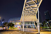 Buildings at the Sea World Plaza illuminated at night. Shekou, Shenzhen, Guangdong Province, China.