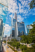 Exterior view of modern high-rise buildings in Futian Central Business District (CBD). Shenzhen, Guangdong Province, China.