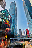 Exterior view of modern high-rise buildings in Futian Central Business District (CBD). Shenzhen, Guangdong Province, China.